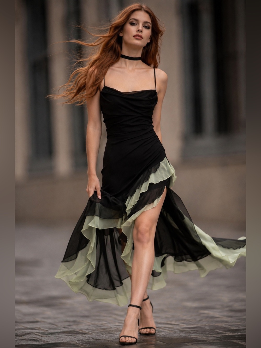 VTG Y2K asymmetrical high low cowl spaghetti strap maxi dress black green Size S